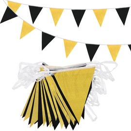 20m 52pcs Black Gold Bling Bunting ADQUATOR, 16×21cm Polyester Fabric Reusable Triangle Flags Pennant Banner Supply for Indoor Outdoor Birthday Party Wedding Festival Decorations