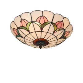 Xinyeal Tiffany Style Ceiling Light 16 Inch Stained Glass Flush Mount Ceiling Light for Bedroom Chandelier Vintage Pendent Light Fixtures (16 Inch White Pink)