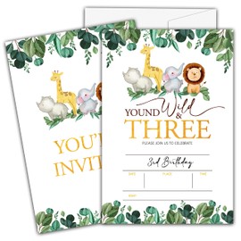 Ycyfckdr Young Wild and Three Birthday Invitations for Kids Girls Boys, 3rd Safari Animals Birthday Party Invitation Cards, Party Decor Supplies - 20 Fill in Invitations with Envelopes (C12)