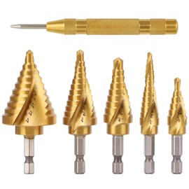 5PCS Titanium Step Drill Bit Set with 1 Automatic Center Punch, High Speed Steel Drill Bit Set, for Sheet Metal Drilling, Double Cutting Blades Design, Aluminum Case