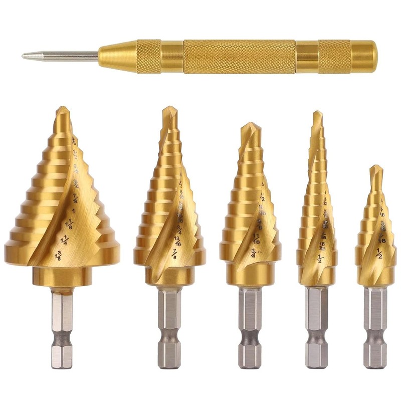 5PCS Titanium Step Drill Bit Set with 1 Automatic Center