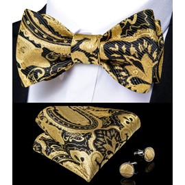 DiBanGu Gold Bow Ties for Men Self Tie Bow Tie and Pocket Square Cuffllinks Set Formal Business Wedding