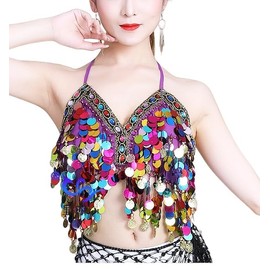MUNAFIE Sequin Top Women's Glitter Top Bra Belly Dance Festival Top, purple colourful