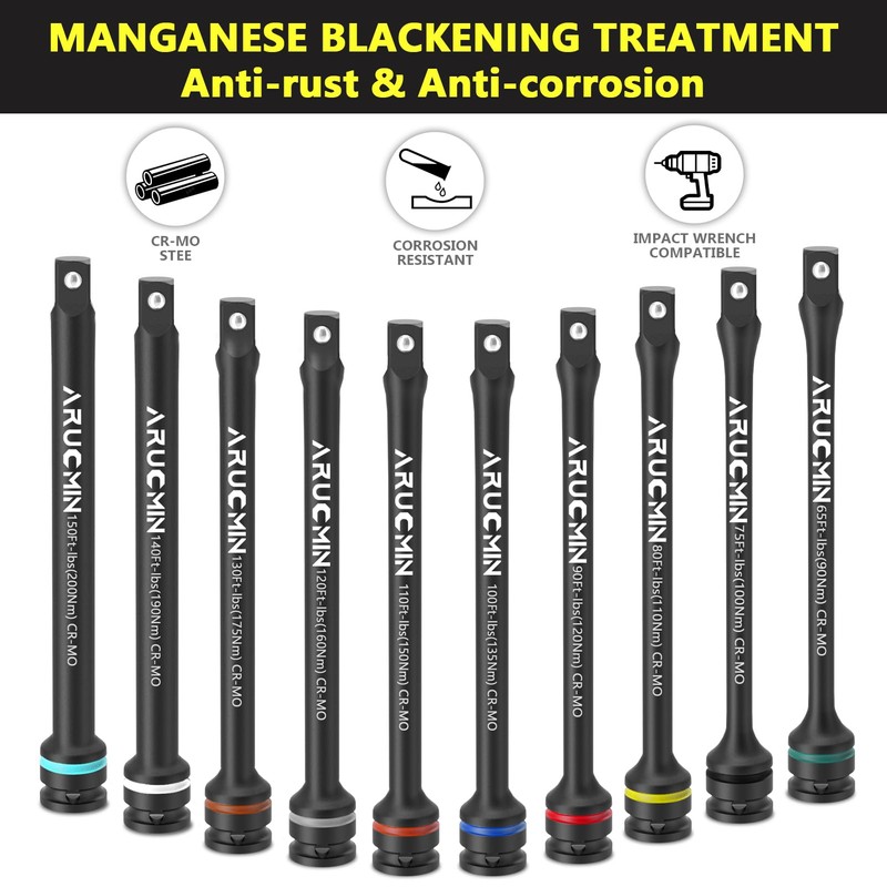 ARUCMIN 1/2" Drive Torque Limiting Extension Bar Set, 10-Piece Lug