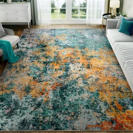 Washable Area Rug for Living Room: 6x9 Modern Abstract Neutral Soft Rug for Bedroom Dining Room No Slip Low Pile Carpet for Nursery Home Office - Teal/Orange