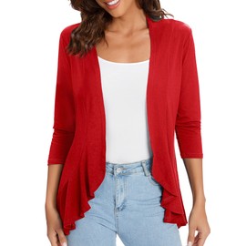 Urban CoCo Women's Casual Lightweight Open Front Cardigan Soft Draped Ruffles 3/4 Sleeve (Red, M)