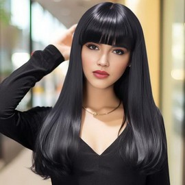 Leuik Black Wig With Bangs For Girls|Long Colored Wigs for Women (Black)