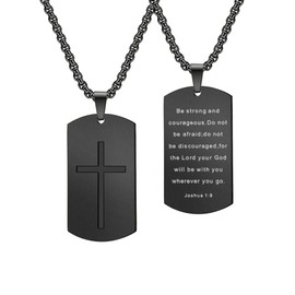 Cross Dog Tag Necklace For Men - Be Strong & Courageous, Black - 24 Inch Stainless Steel Black Dog Tag Chain Bible Verse Necklace - Joshua 1:9, w/ Plush Velvet Gift Box, Christian Dog Tags