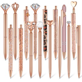 Colarr 16 Pcs Ballpoint Pens Set Metal Crystal Diamond Pen Glitter Pens for Journaling Pretty Cute Pens Black Ink Retractable Fancy Pens Gifts for Women Girls Office Wedding School Supply (Rose Gold)