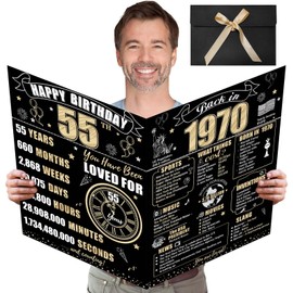 Turypaty Large 55th Birthday Card With Envelope for Men Women, 1970 Black Gold Happy 55th Birthday Giant Guest Signature Book Gifts, Big Vintage 1970 Greeting Card Decoration Party Supplies