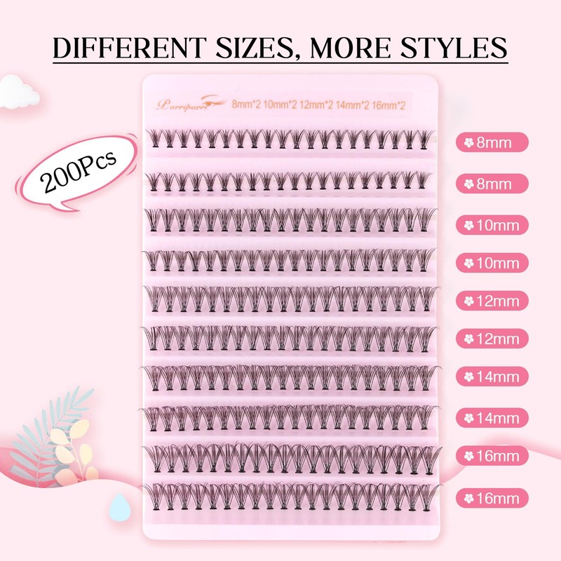 Parriparri Cluster Lashes 200 Pcs Individual Lashes 20D D Curl