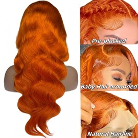 Suresen 32 Inch 350 Ginger Body Wave Lace Front Wigs Human Hair Pre Plucked 180% Density 13x4 HD Transparent Lace Frontal Wigs for Black Women Orange Colored Wig with Baby Hair