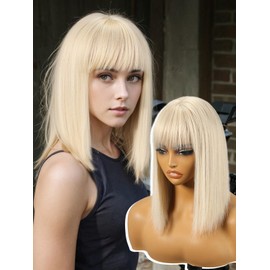 KOME Beige White Bob Wig with Bangs, Short Straight Hair Wigs for Women,Synthetic Heat Resistant Natural Looking Hair Wig for Party Cosplay Dality Use 12IN