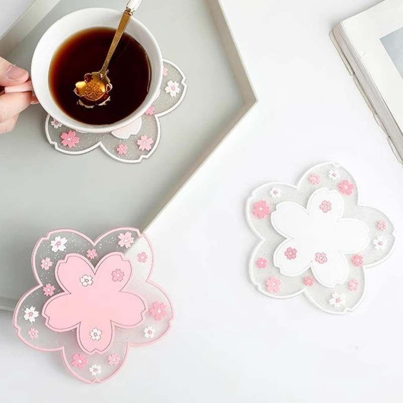 6Pcs Silicon Cup Coasters, Cherry Blossoms and Daisies Coasters, Non-Slip