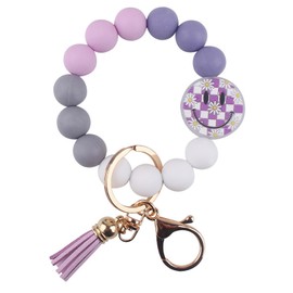 Jesemiah Smile Flower Silicone Beaded Keychain Bracelet with Tassel Cute Key Ring Bracelet Stretchy Wrist Keychain Wristlet for Women (Purple)