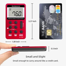 Retekess V112 AM FM Portable Pocket Radio, FM Receiver, Digital Tuning Stereo, with Headphones, Rechargeable Battery, for Walking, Jogging, Training, Church (Red)