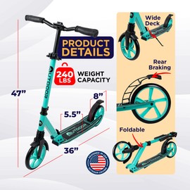 Outdoor Cruiser Kick Scooter for Ages 6+, for Kids, Teens, and Adults, Max Load 250 LBS, Foldable, 8-inch Wheels for Kids and Adults, Dual Suspension, 3 Adjustable Levels, Child Safety Approved, Aqua