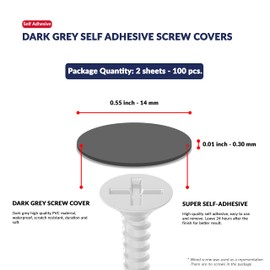 Dark Grey Self-Adhesive Screw Hole Stickers - 100 pcs. 0.55 inch / 14 mm Peel Stick Dust Proof Tape, Water Resistance PVC Caps for Wood Cabinets, Furniture, Drawer, Wardrobe, Kitchen, Table
