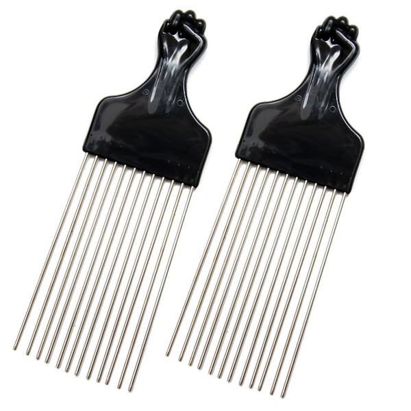 Luxxii (2 Pack) 9" Long Black Fist Metal Afro Pik Lift Hair Comb Detangle Wig Braid Hair Man Styling Comb