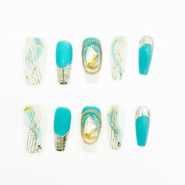 i-Laesh Press on Nails - Coffin Nails Handmade Hand-Painted - Medium Reusable Easy Application - 15 Piece Set - Muses