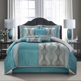 Grand Avenue 7 Piece Blue Comforter Set, California King Size Jacquard Bedding Set, All Season Geometric Patchwork Bedding Set, Matching Pillows, Shams, Bed Skirt