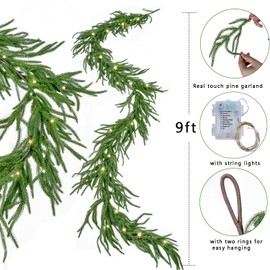 MISSPIN 9ft Christmas Garland with String Lights, Real Touch Norfolk Pine Garland, Green Artificial Greenery Garland for Table, Mantle, Wall, Indoor, Outdoor Christmas Decorations