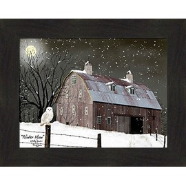 Winter Moon by Billy Jacobs and Sarah Jacobs 16x20 Full Moon Snowy Owl Night Barn Fence Framed Wall Art (2" Espresso)