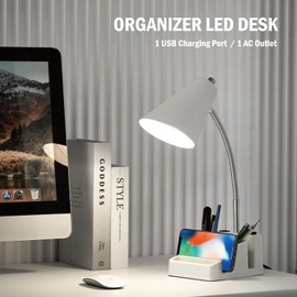 LED Desk Lamp with 1 USB Charging Port and 1 AC Outlet, Organizer Base, Adjustable Neck, On/Off Switch, Modern Table Lamp for Reading, Working, Studying, Gentle Warm White Light, Eye Protect