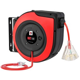 EP Retractable Extension Cord Reel,65 Feet 12 AWG/3C SJTOW Heavy Duty Power Cord,15 AMP Circuit Breaker, 3-Lighted Triple Outlets,Ceiling or Wall Mount Use Indoor/Outdoor, Red