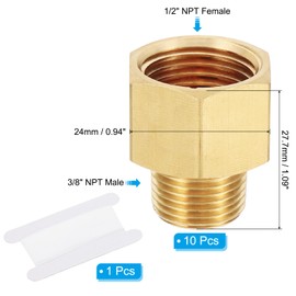 PATIKIL Brass Pipe Fittings Reducer Set, 5Pcs 1/2" NPT Female x 3/8" NPT Male Thread Brass Hex Tubing Adapter Connector Tube Adaptor Converter with PTFE Tape for Water, Air, Gas Line