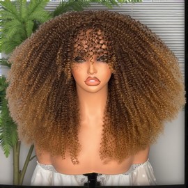 ZadaBelly 18Inch Long Afro Brown Curly Wig With Bang for Black Women Bomb Kinky Curly Wig Heat Resistant Puffy and Fluffy Bouncy Curly Synthetic Hair,Natural Looking（Ombre Light Brown）