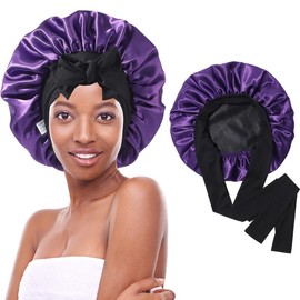 AWAYTR Satin Bonnet Silk Like Bonnets for Sleeping Sleep Cap Double Layer Haircare Bonnet with Elastic Tie Band for Curly Hair Night Cap Pink:_Deep purple+black