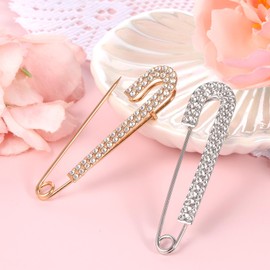 2 PCS Rhinestone Safety Pin Brooch, Decorative Pins for Clothing Decorative Safety Pins for Clothing, Silver and Gold Safety Pins Large Crystal Metal Elegant Shawl Clips for Women Skirts Scarf Shirt