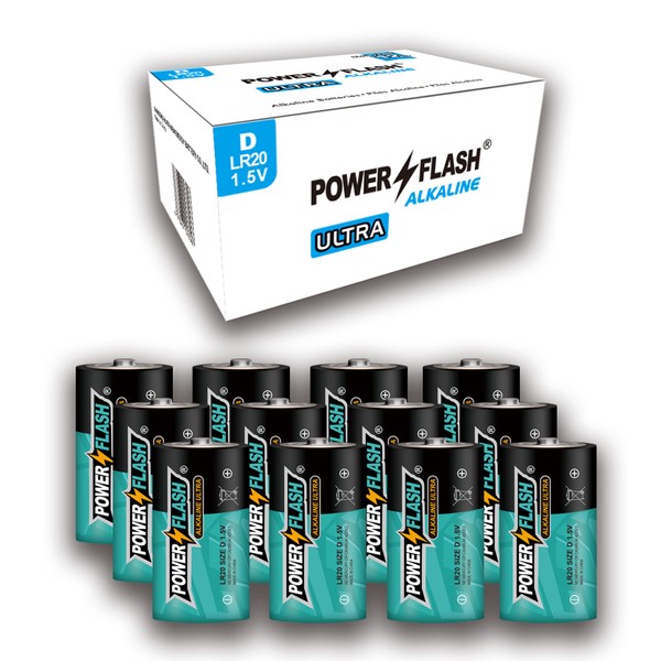 POWER FLASH D Ultra Alkaline Batteries with Fresh Date - 12 Count Family Pack - Ultra Long Lasting All Purpose D Battery