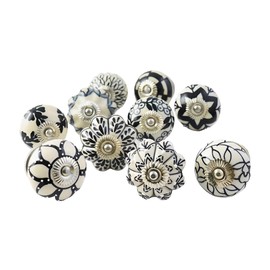 Ajuny Black and White Ceramic Knobs for Wardrobes, Kitchen Cupboards, Drawer Pulls, Indian, Hand-Painted, Set of 10