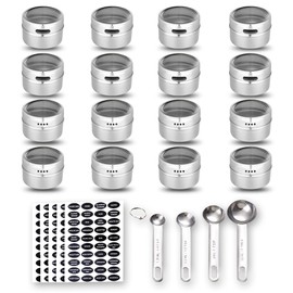 16 Magnetic Spice Tins, 200 Spice Labels, 4 Stainless Steel Measuring Spoons by Hanindy. Magnetic Spice Containers Organizer Storage Condiment Jar Set of 16, Clear Lid, Sift and Pour