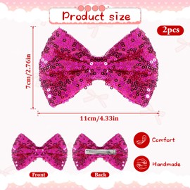 2 PCS Pink Glitter Bows, Sequin Birthday Hair Bow Bling Hot Pink Hair Accessories Hairs Bows for Women Girls Kids Teens Valentines Christmas Birthday Gift Party Dress