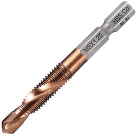 Invincible Tap Drill, 0.25 inch (6.35 mm) Hex Shaft, Chamfering Tap, Threading, Drilling, HSS-Co M35, Super Hardness, Cobalt Cobalt-Coating, For Stainless Steel Works (M8X1.25)