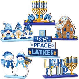 Wonderjune 6 Pcs Happy Hanukkah Table Centerpieces Wooden Hanukkah Decor Gnomes Outdoor Dreidel Signs Decorations Menorah Chanukah Table Topper Decor Star of David for Home Table Toppers Gifts