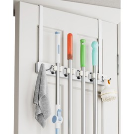 BS-VOG Over the Door Broom Holder, Mop and Broom Holder Door Mount, Hanging Organizer with 4 Racks & 2 Hooks, Wooden Hanger Storage Decor, Laundry Tool Organizer for Closet Garage, No Drills