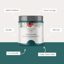 Country Chic All-in-One Chalk Paint for Furniture, Cabinets, Home Decor, Eco-Friendly, Matte Finish, Built-In Primer & Top Coat for Wood, Metal - Aurora (Teal Blue) - Pint 16 oz (475 ml)