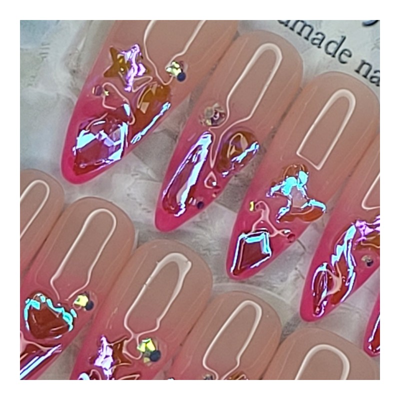 Hot pink glass bead handmade nail tip - Stiletto M