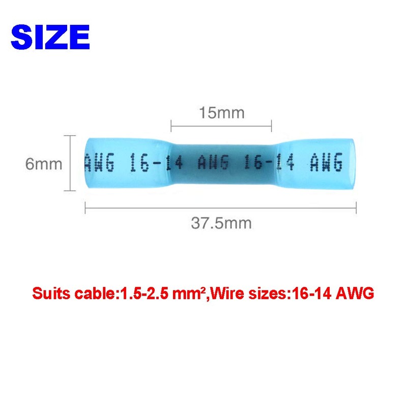 CEEYSEE 100Pcs Heat Shrink Butt Connectors 16-14 AWG Blue Insulated