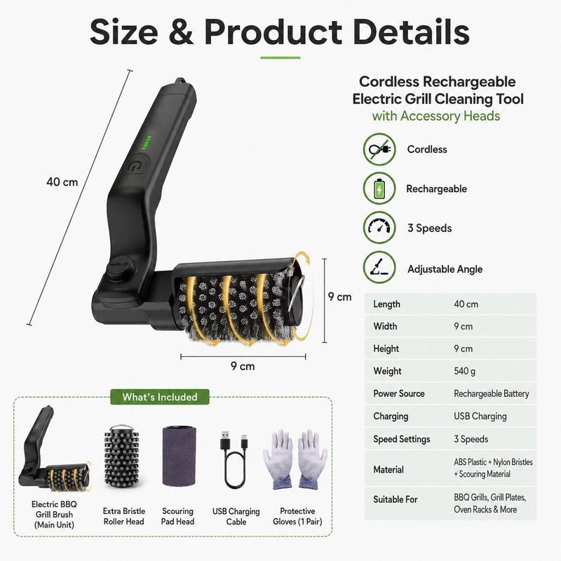 Electric BBQ Grill Brush for Easy Cleaning – Cordless 3-Speed