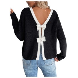 GORGLITTER Women's Bow Sweater Open Back Long Sleeve Knitted Crewneck Colorblock Pullover Trendy Fahion, Black, Medium