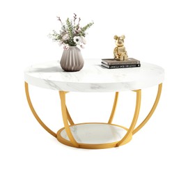 LITTLE TREE Round Coffee Table, 32" Circle Faux Marble Coffee Tables for Living Room, 2-Tier Golden Metal Legs Accent Center Table with Open Storage Modern Design Home Furniture (White and Gold)