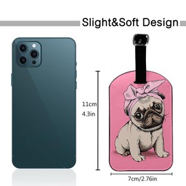 Zoczos Puppy Pug Luggage Tag Wearing Pink Headband Sitting On Ground Suitcase Tag with Strap for Handbag School Bag Label ID, 1 Pack