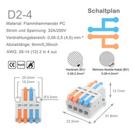 JOYELEC Pack of 12 connection terminals, D2-4 quick connection terminal cable connector, compact plug-in terminals, 2 inputs/4 outputs, cable 0.08-2.5 (4.0) mm², 250V, 32A conductor clamp
