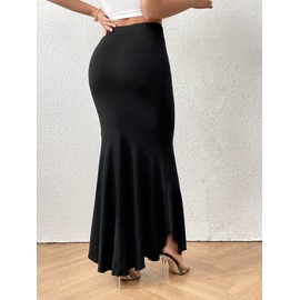 GORGLITTER Women's Ruffle Hem Pencil Maxi Skirt High Waist Elegant Long Bodycon Skirts Black L