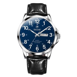 Taxau Mens Analog Watches Black Leather Band Luxury Dress Waterproof Watches for Men Classic Chronograph Watch Analog Quartz Men's Wrist Watch with Day Date & Blue Dial
